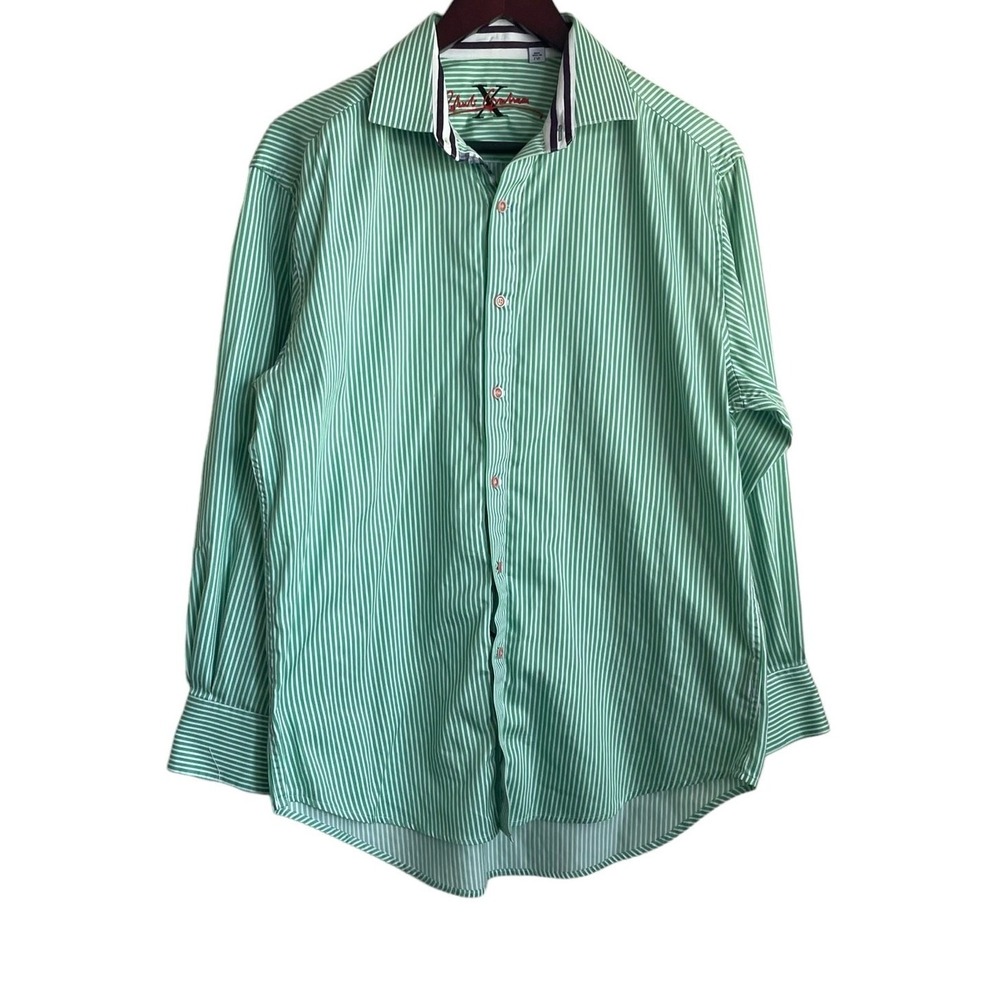 Robert Graham Men Stripe Button Shirt L Green Contrast Trim Luxury Cotton Preppy